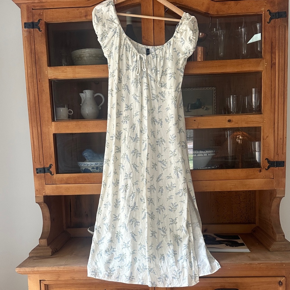 Linen White & Light Blue Floral Peasant Midi Dress